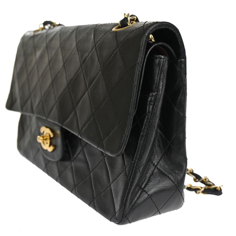 Chanel Matelasse Double Flap Chain Shoulder Bag Black Gold Hardware 898bs154