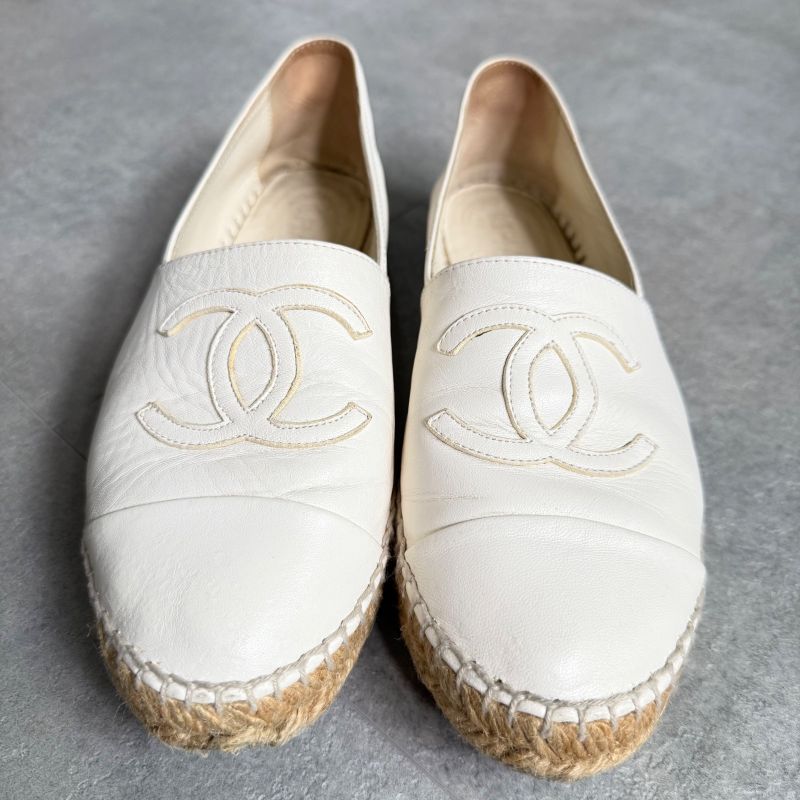 Chanel Espadrille Coco Mark Flat Shoes Leather White 37 24cm (9.45in) Women's