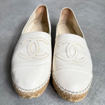 Chanel Espadrille Coco Mark Flat Shoes Leather White 37 24cm (9.45in) Women's
