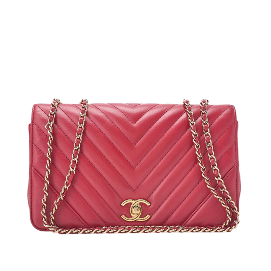 Chanel Shoulder Bag Calfskin V-stitched Red Coco Mark Single Flap With Gold