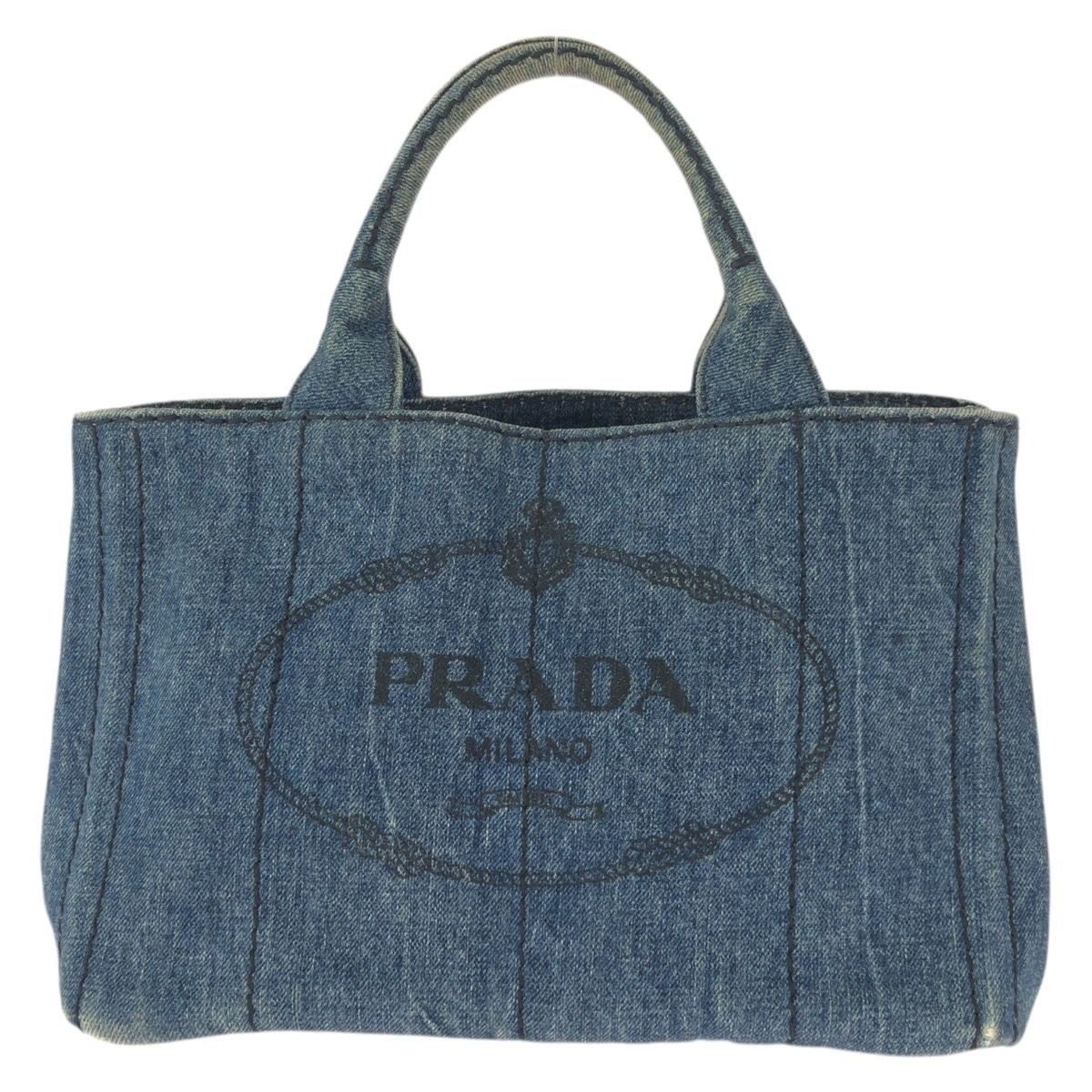 Prada Canapa Triangle Logo Plato Blue Gold Denim Tote