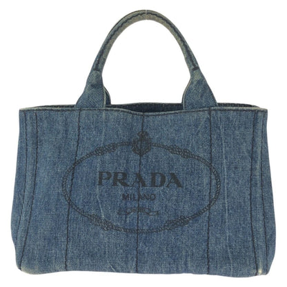 Prada Canapa Triangle Logo Plato Blue Gold Denim Tote