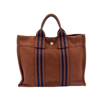 Hermes Sac Fourre Tout PM Canvas Navy Brown Handbag Gold