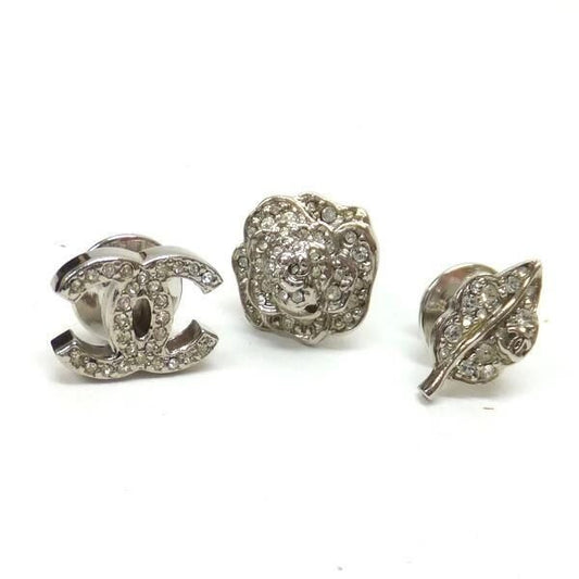 Chanel Pin Brooch 3 Piece Set Metal Line Stone Clear Silver CC Camellia Leaf