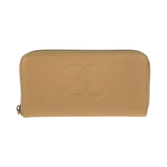 Chanel CC Logo Beige Gold Caviar Leather Wallet Zip Around