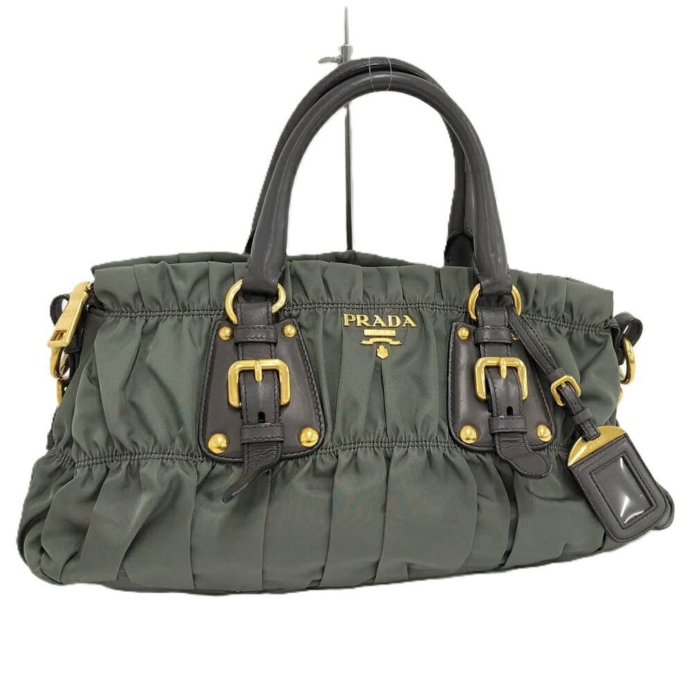 Prada Gathered Tote Nylon Khaki