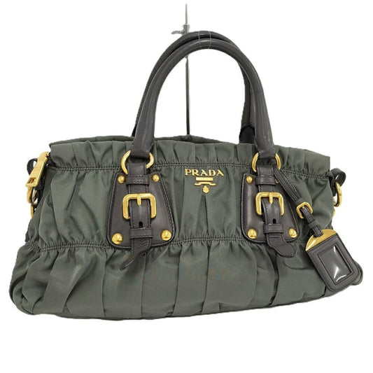 Prada Gathered Tote Nylon Khaki