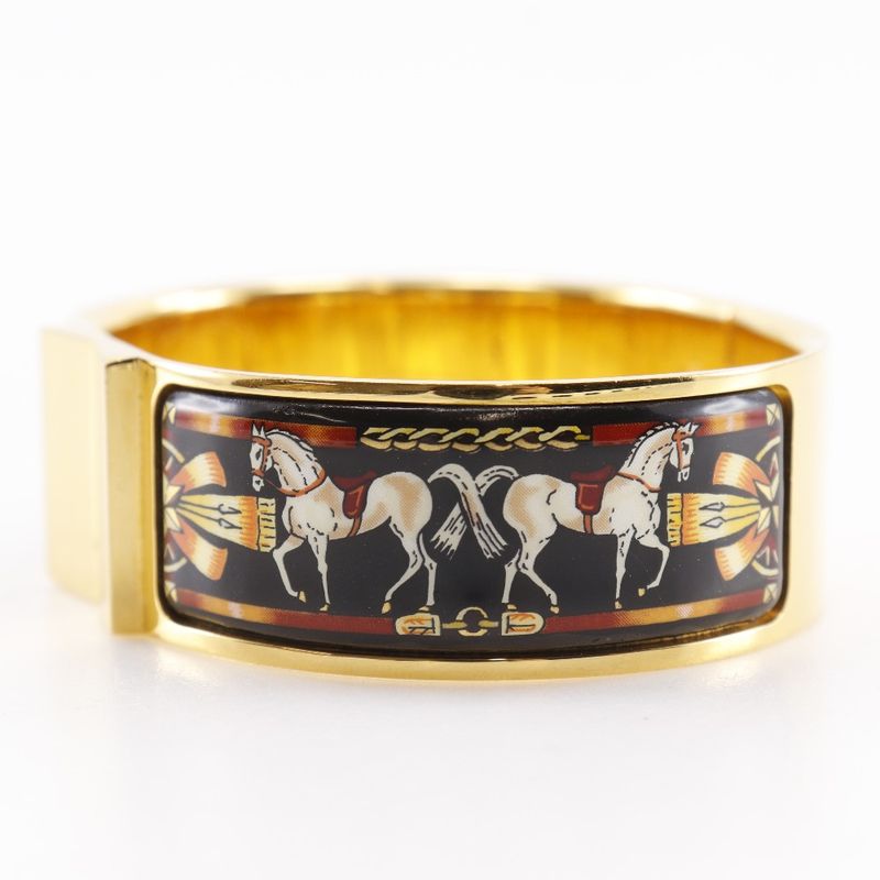 Hermes Roque Emile Cloisonne Horse Pattern Bangle Gold Plated Black Ladies