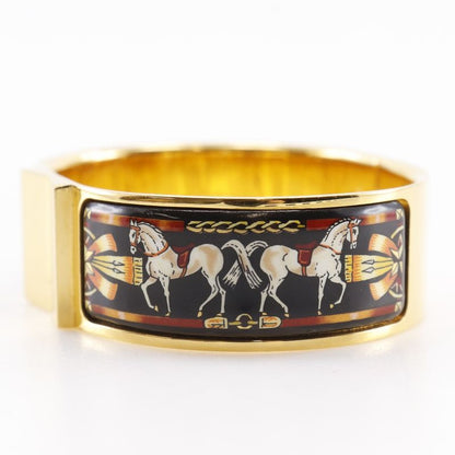Hermes Roque Emile Cloisonne Horse Pattern Bangle Gold Plated Black Ladies