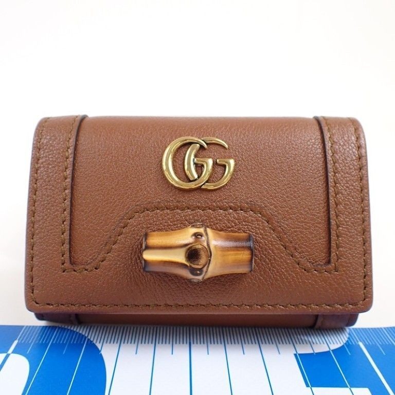 Gucci Key Case Bamboo GG Marmont Diana Brown Leather 6 Rows Gold Key Holder