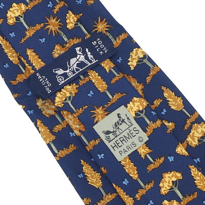 Hermes Tie with Botanical Pattern 8.5cm (3.35in) Silk Navy Blue and Orange Navy