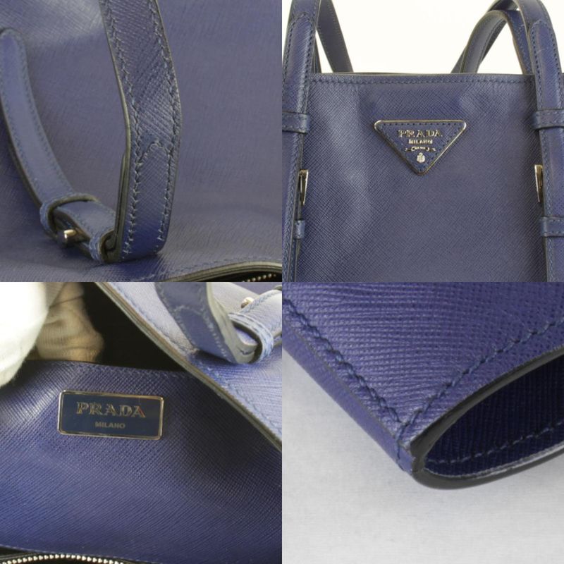 Prada Saffiano Triangle Logo Shoulder High Brand Tote Bag Leather Navy