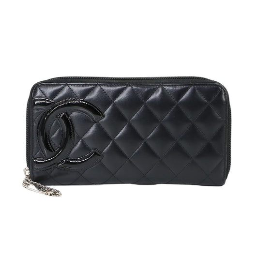 Chanel Cambon Line Zip Around Wallet Leather Enamel Black Silver
