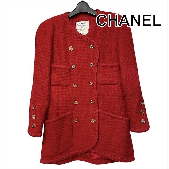 Chanel CC Logo Tweed Vintage Jacket Red 38