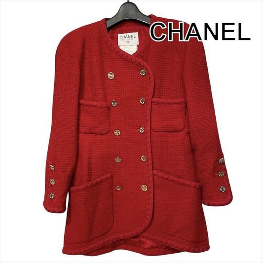 Chanel CC Logo Tweed Vintage Jacket Red 38