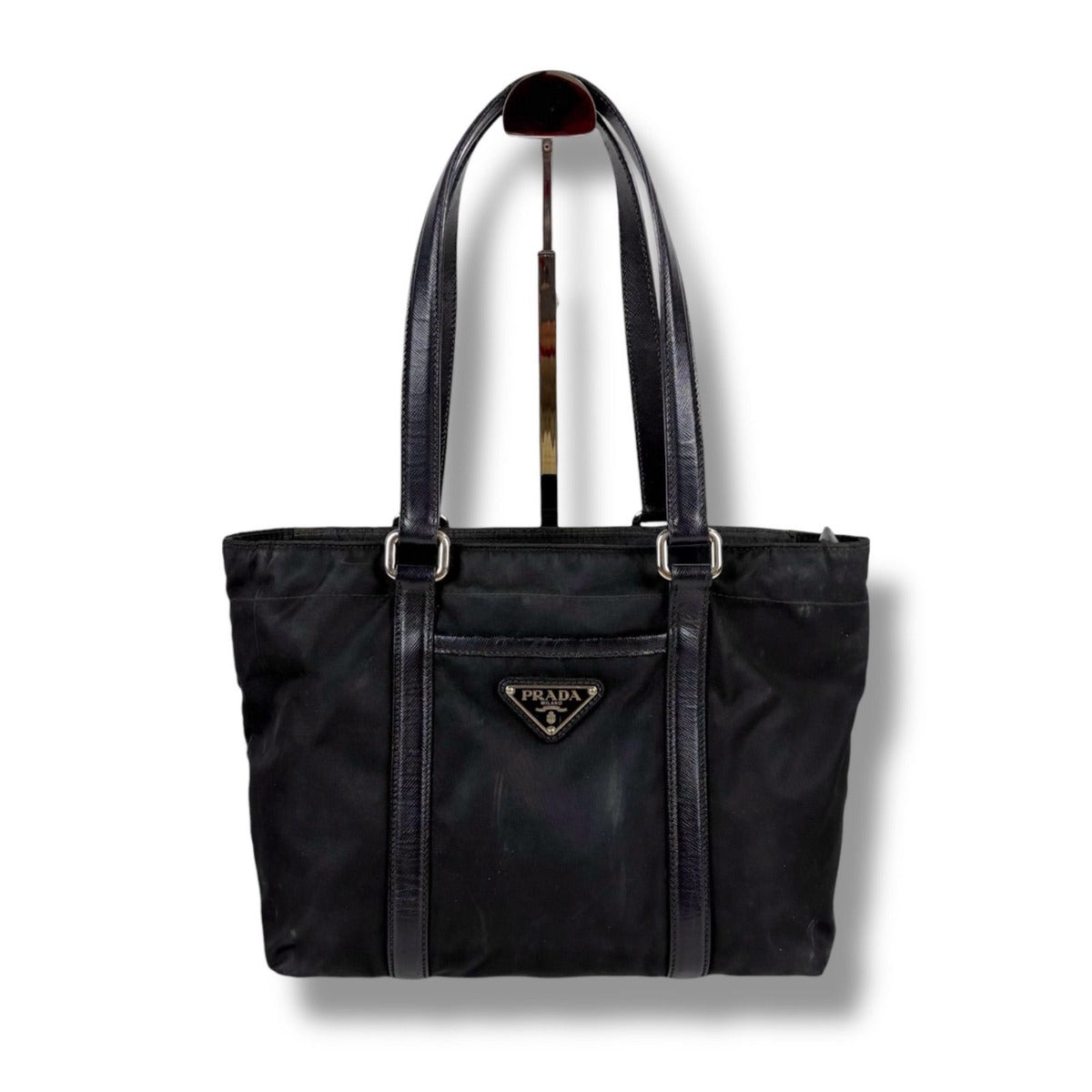 Prada Mini Tote Triangle Logo Tessuto Nylon Saffiano Leather Black — view 10
