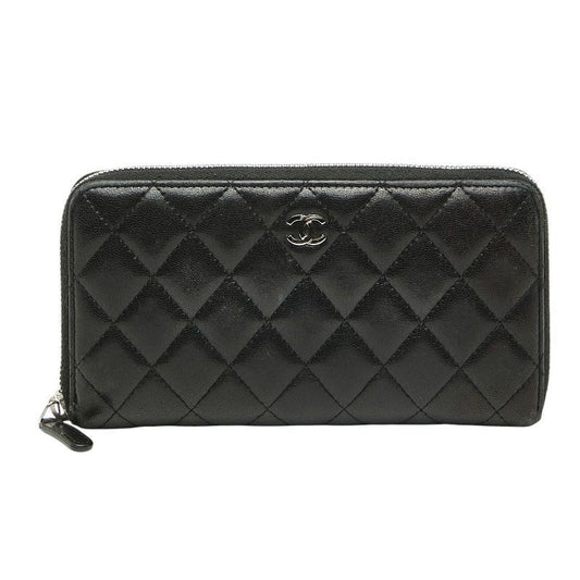 Chanel Quilted CC Logo Zip Around Wallet Black Lambskin