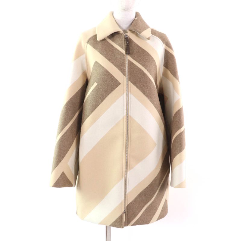 Hermes 22AW 2h0133di Wool Silk Blend Leather Zip Raglan Sleeve Mosaic Coat