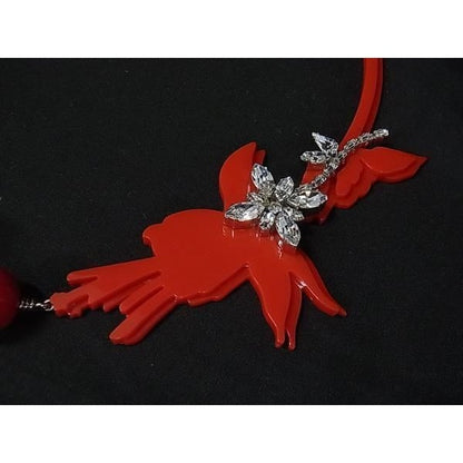 Prada Necklace Red Silver Plex Crystal Bird Tri Flower Hana — view 3