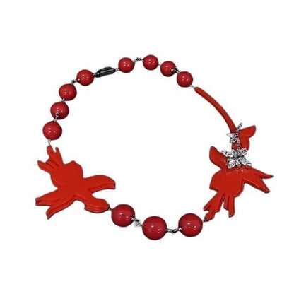Prada Necklace Red Silver Plex Crystal Bird Tri Flower Hana