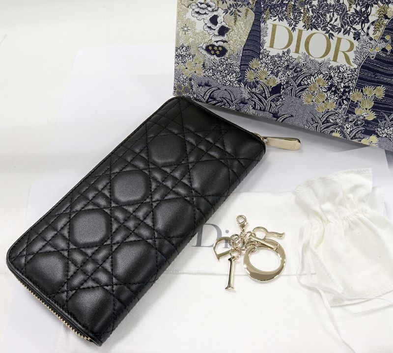 Christian Dior Round Zipper Long Wallet With Change Pocket Lady Dior Cannage
