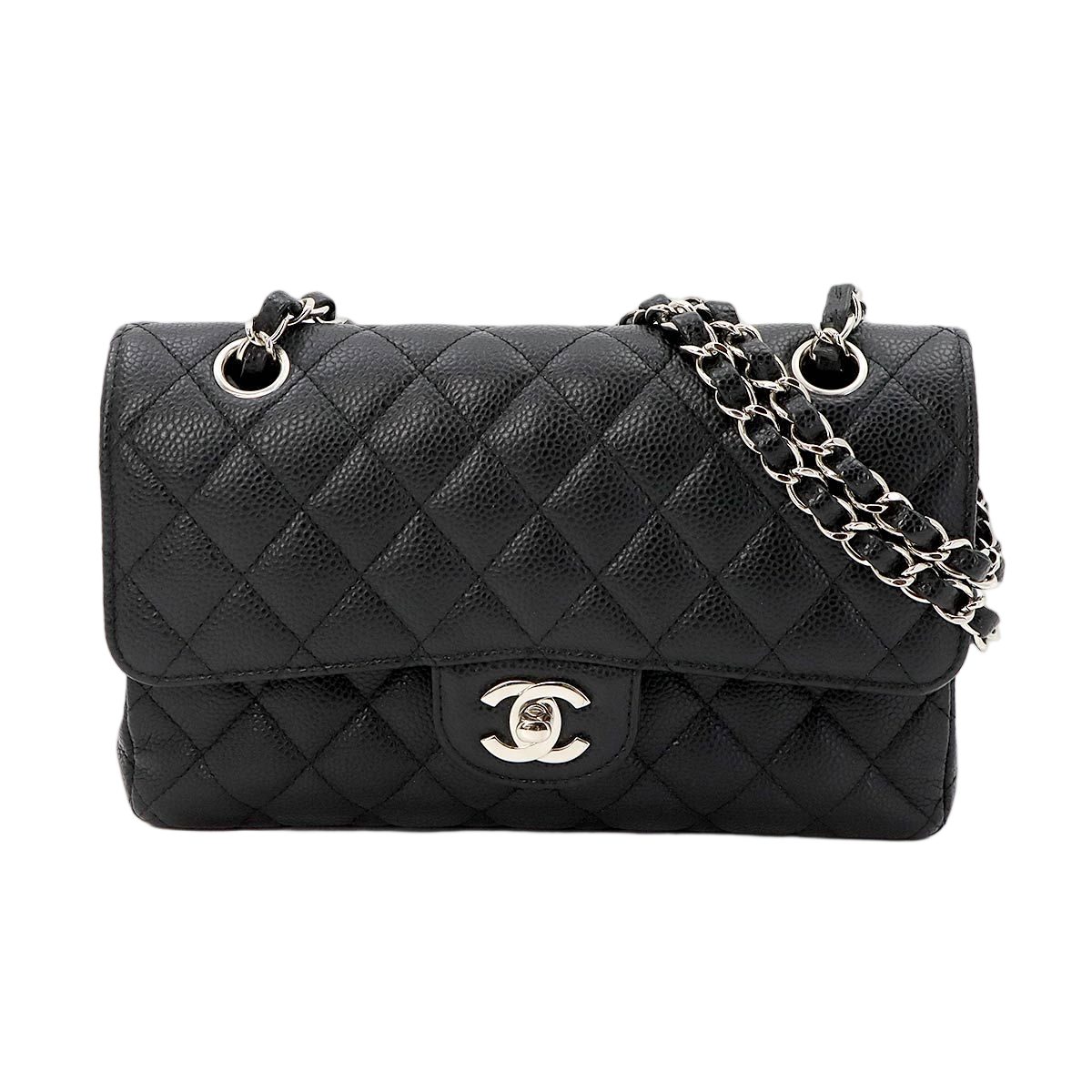Chanel Quilted 23 Chain Shoulder Bag Caviar Leather Black Silver