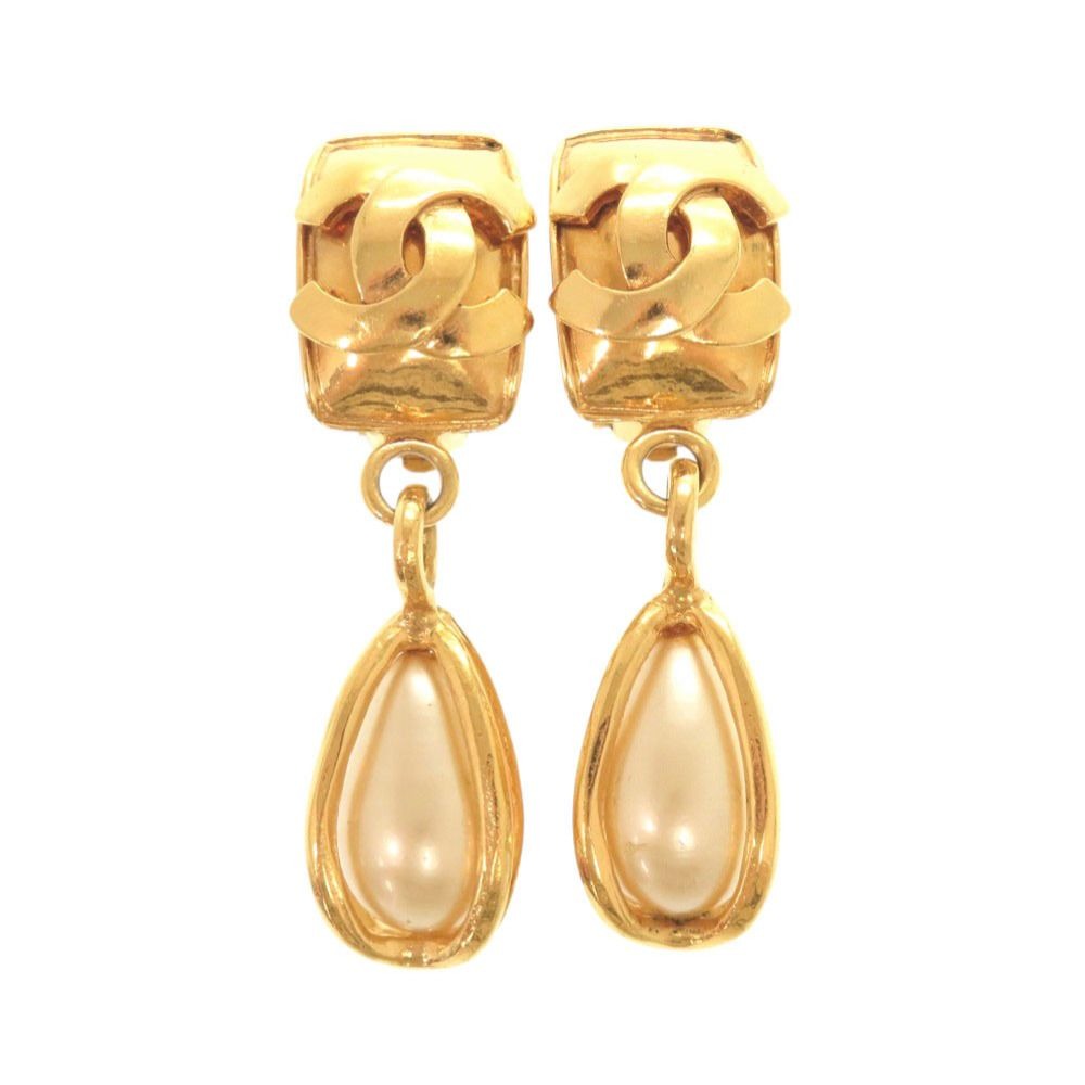 Chanel Vintage CC Logo Metal Faux Pearl Gold Earrings