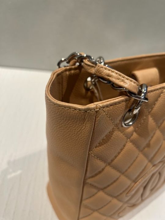 Chanel Caviar Skin PST Beige Coco Mark Chain Tote Bag 12s