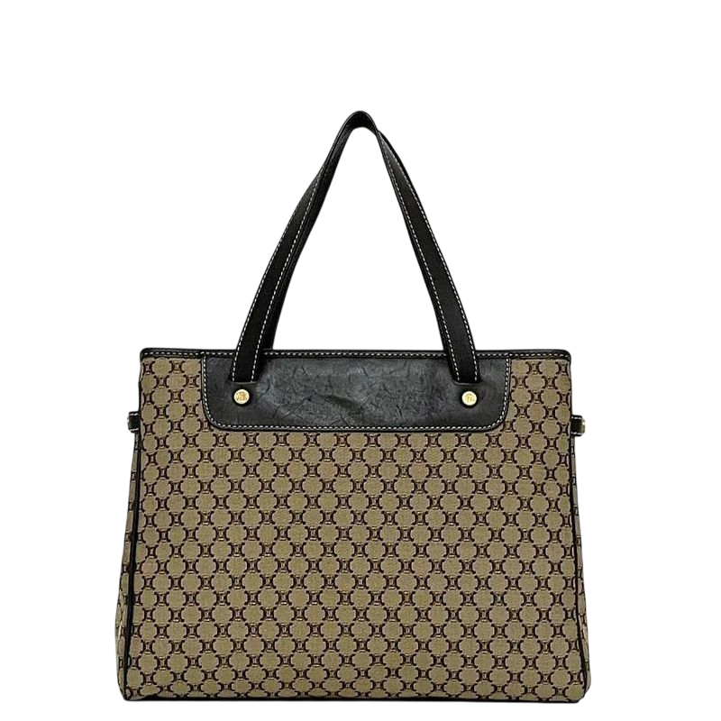 Celine Handbag Beige Brown Macadam Excellent Condition Canvas Leather