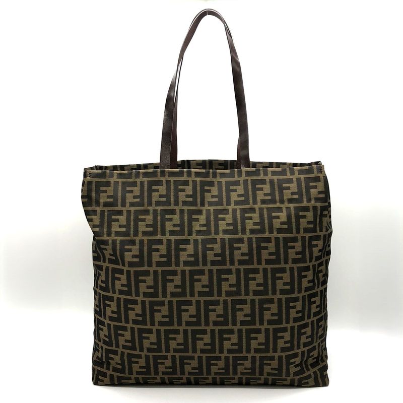 Fendi 71 15978 Tote Shopping Bag Zucca Nylon Canvas Vintage Leather Brown Khaki
