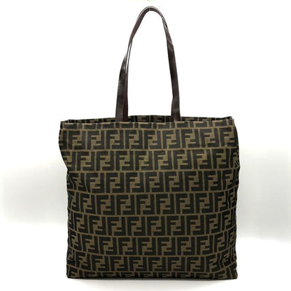 Fendi 71 15978 Tote Shopping Bag Zucca Nylon Canvas Vintage Leather Brown Khaki