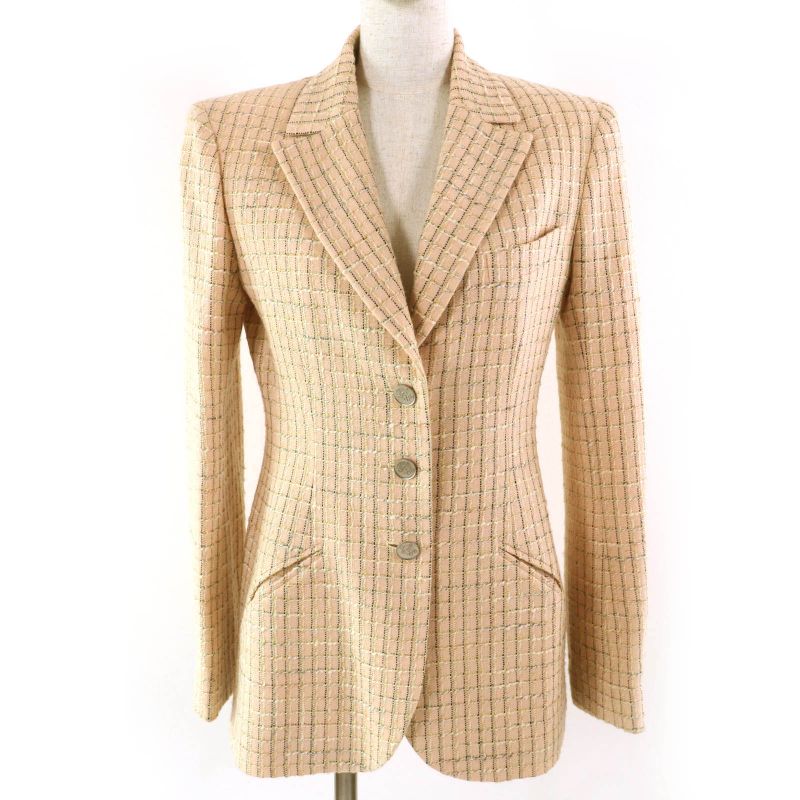 CHANEL Vintage 98P P10823 Coco Mark Button Checked Wool Tweed Tailored Jacket