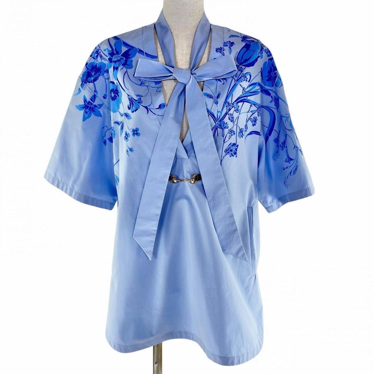 Gucci Leather Horsebit with Ribbon Tie Cotton Short Sleeve Shirt