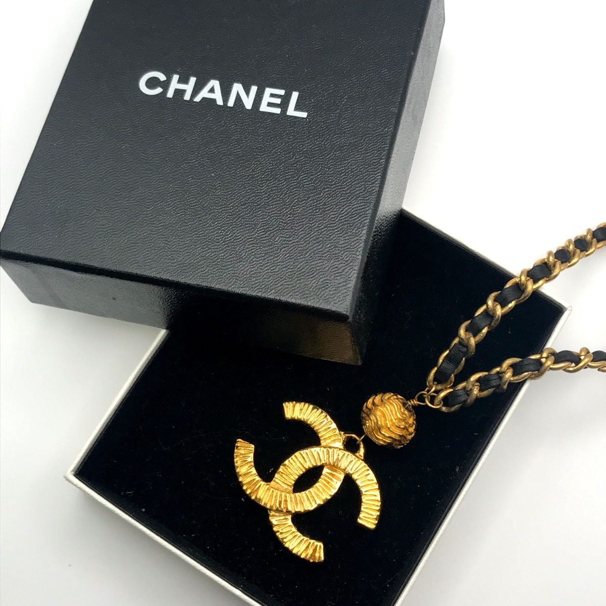 Chanel CC Logo Ball Chain Leather Necklace Gold
