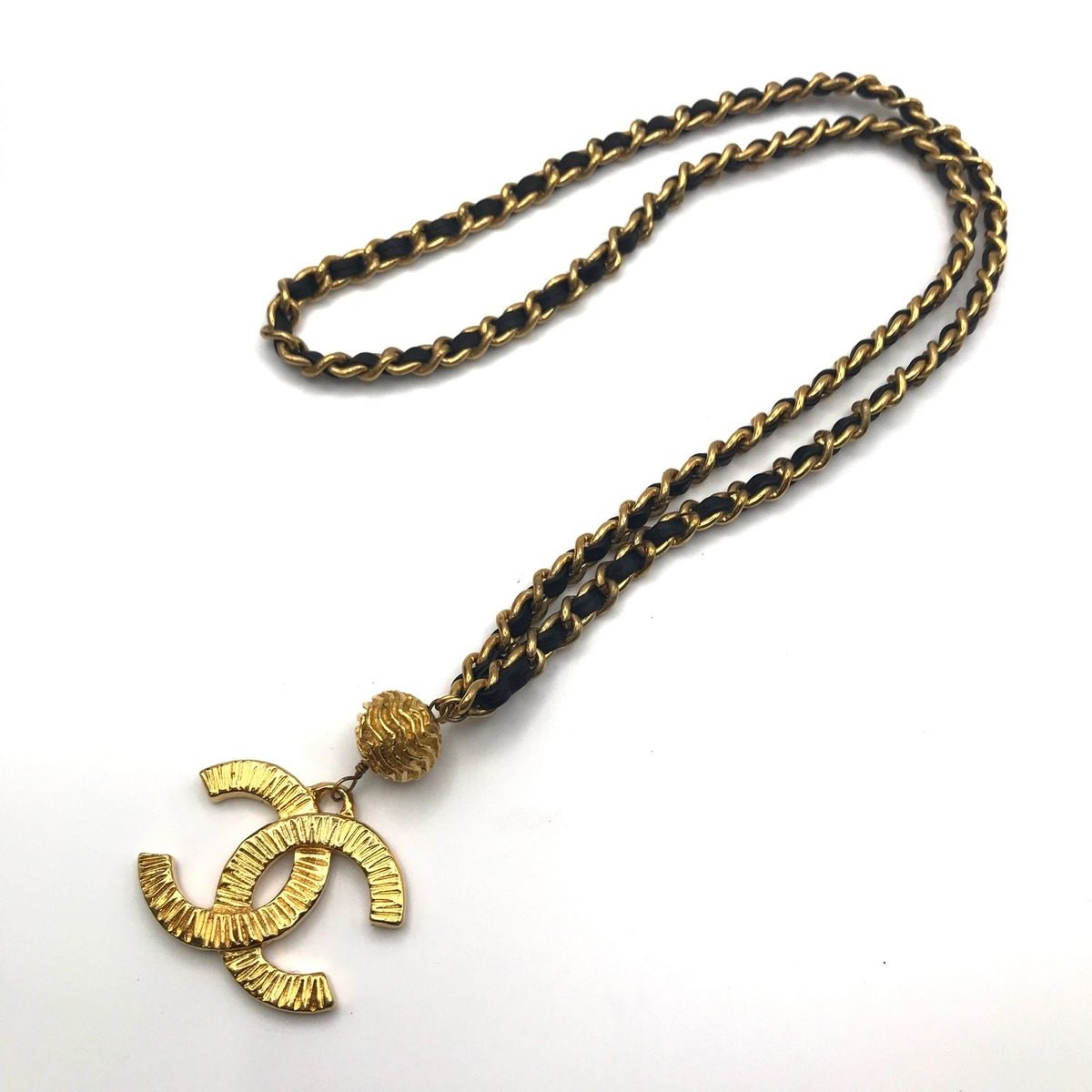 Chanel CC Logo Ball Chain Leather Necklace Gold — view 4