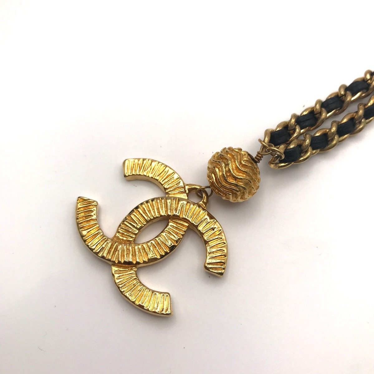 Chanel CC Logo Ball Chain Leather Necklace Gold — view 6
