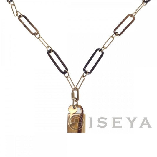 Hermes Amulet Padlock GM Necklace Buffalo Horn Brown Gold Iseya