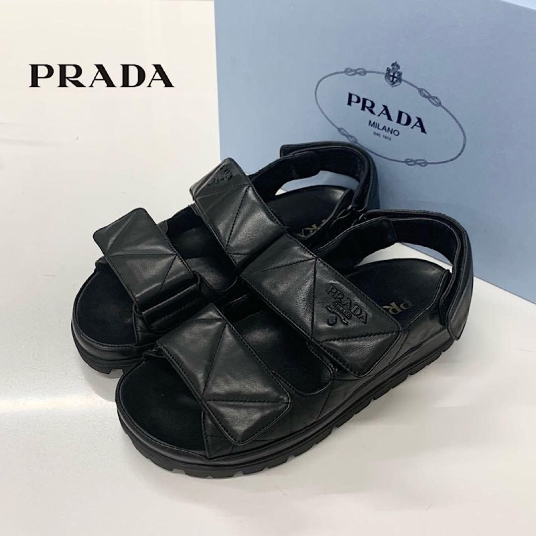 Prada Logo Padded Nappa Leather Velcro Sandals Black