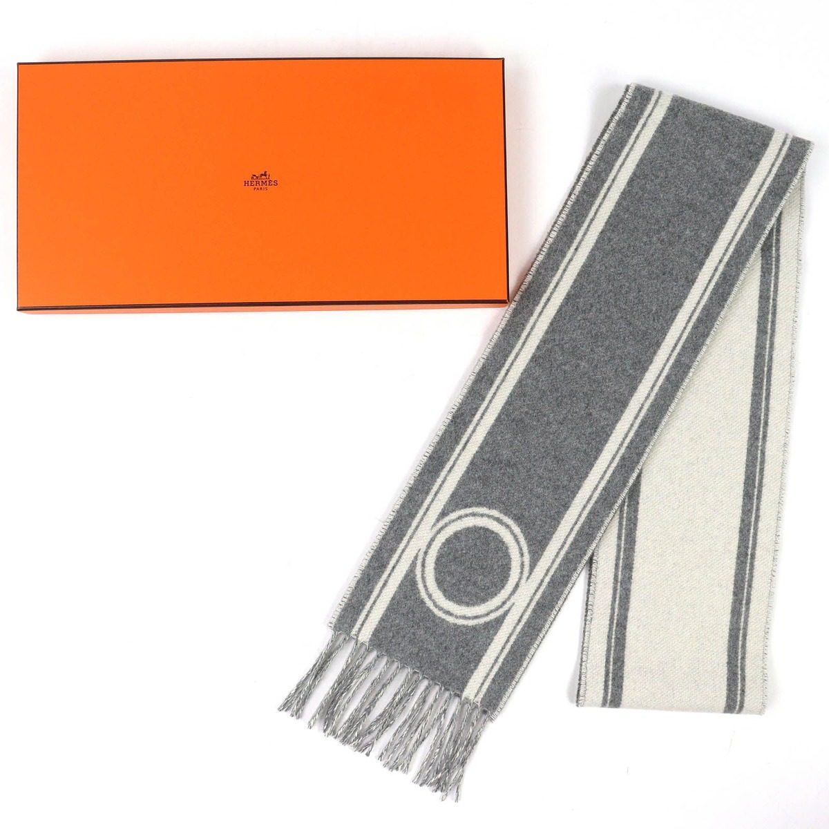 Hermes Band de Repo Cashmere Gray Flannel Yvoir Bicolor Fringe Long Scarf — view 2