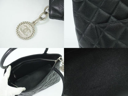 Authentic Chanel Coco Mark Revival Tote Handbag Caviar Skin Leather Black Coco