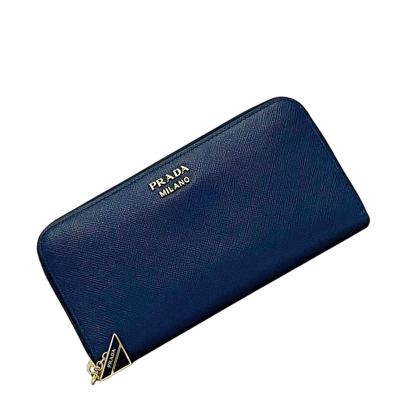 Prada Round Zipper Long Wallet Blue Wallet Excellent Condition Saffiano Leather
