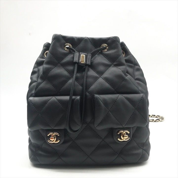Chanel Quilted Lambskin CC Logo Drawstring Chain Backpack Pack Black