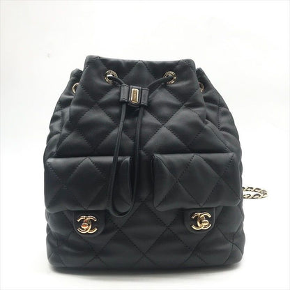 Chanel Quilted Lambskin CC Logo Drawstring Chain Backpack Pack Black