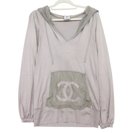 Chanel Sports Line Silk Hoodie Top Long Sleeve Mesh CC Logo 34 XS Gray