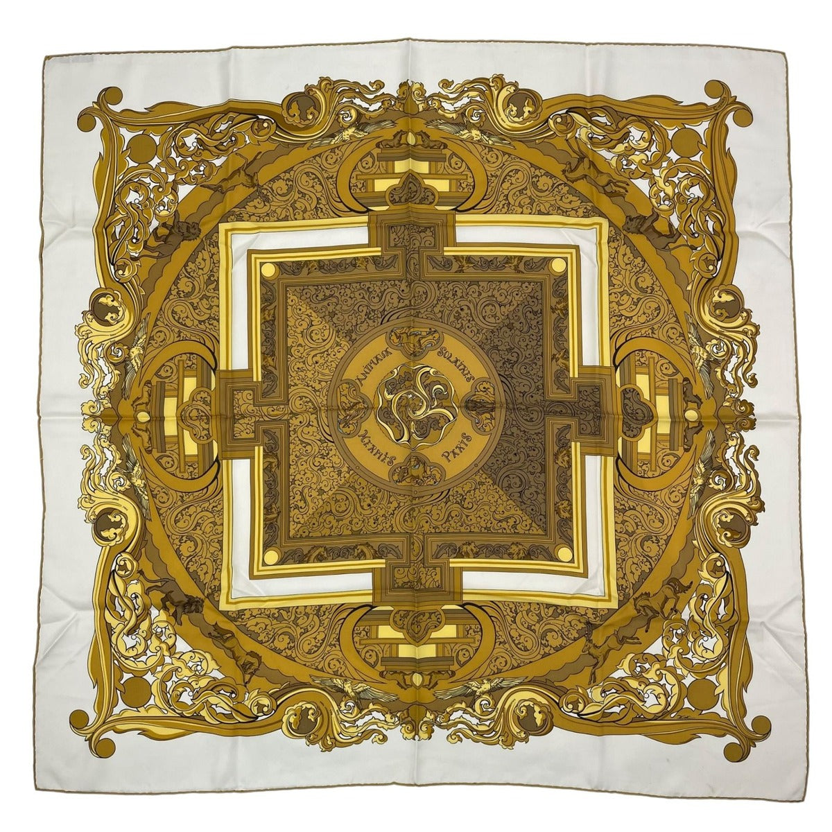 Hermes Scarf Silk Carre 90 Animaux Solaires Animals of the Sun White
