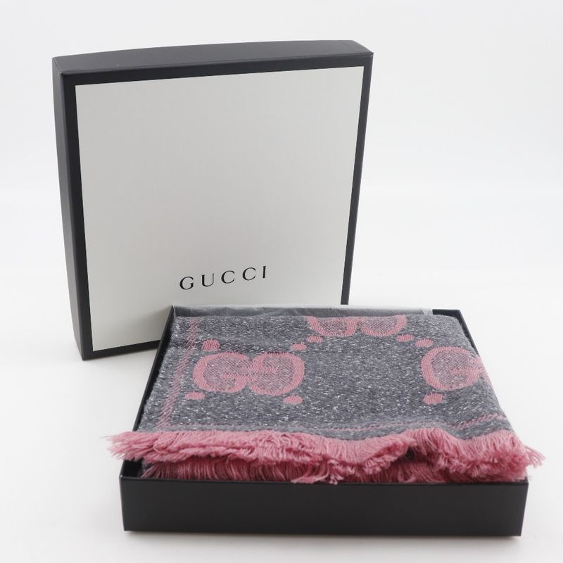 Gucci GG Jacquard Scarf 598993 Wool And Nylon Gray Women's Stole