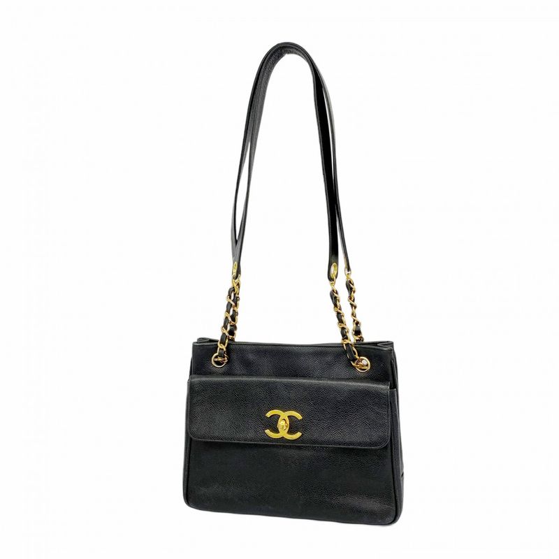 Chanel Shoulder Bag Caviar Skin Black Gold Hardware Women