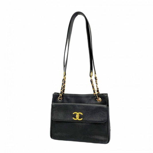 Chanel Shoulder Bag Caviar Skin Black Gold Hardware Women
