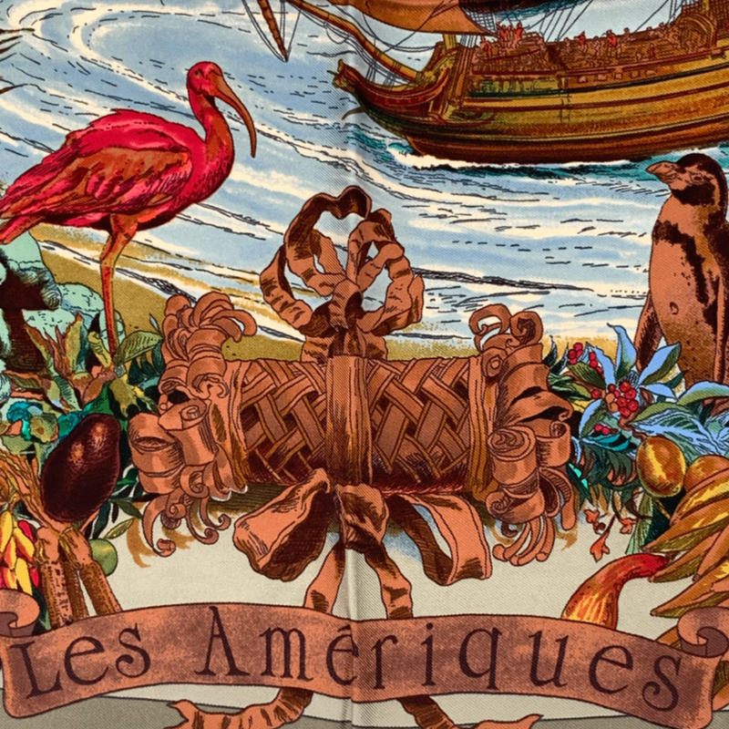 Hermes Carre 90 Scarf Les Ameriques Americas Columbus Silk Multicolor
