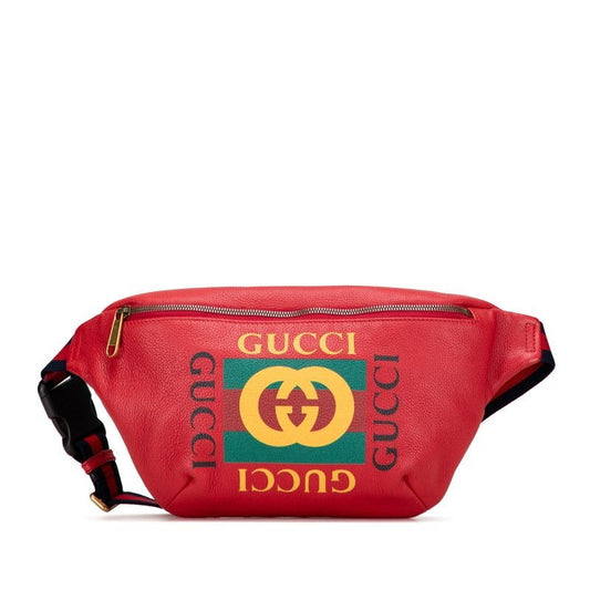 Gucci Logo Print Sherry Line Waist Bag Body Red Leather